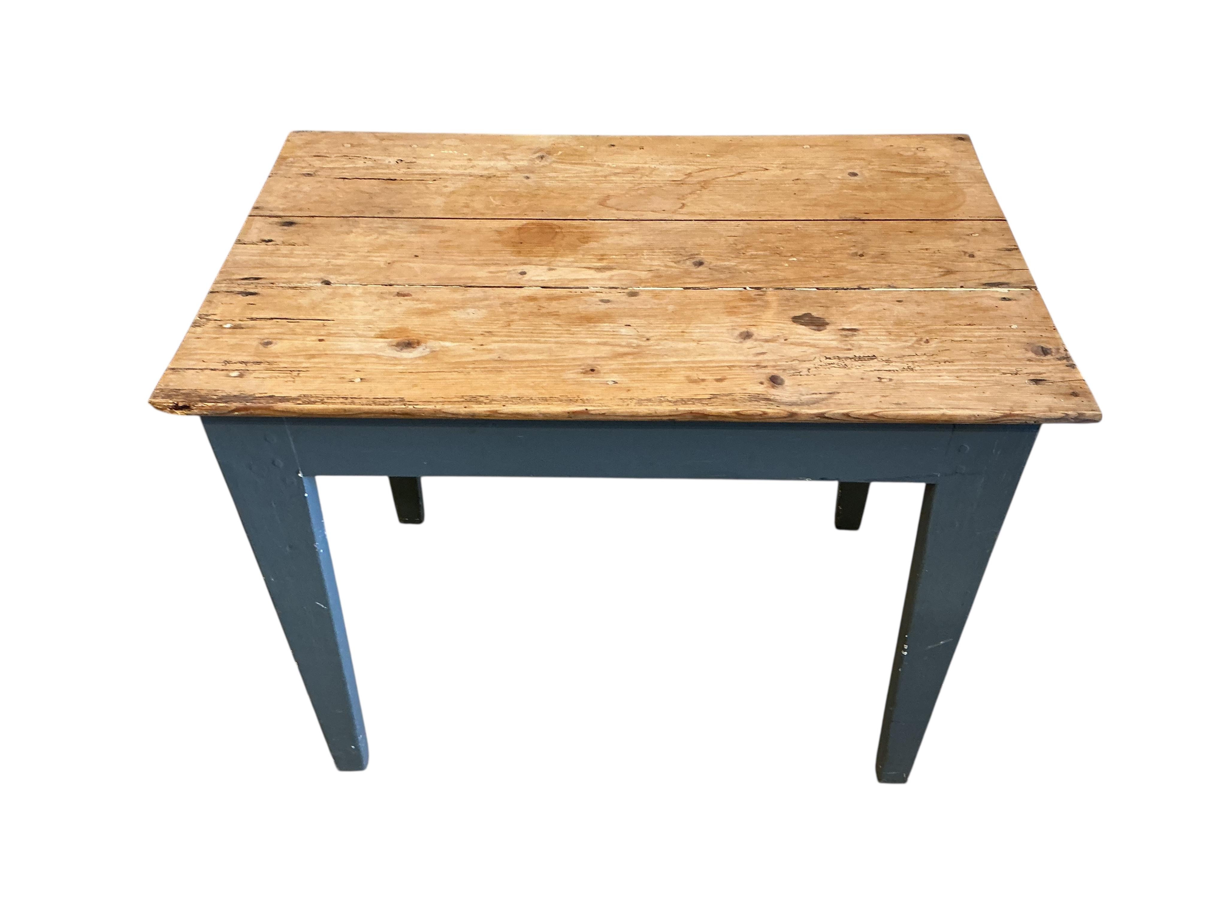 A small Victorian rectangular painted pine table, width 81cm, depth 50cm, height 65cm, together with a pine plate rack